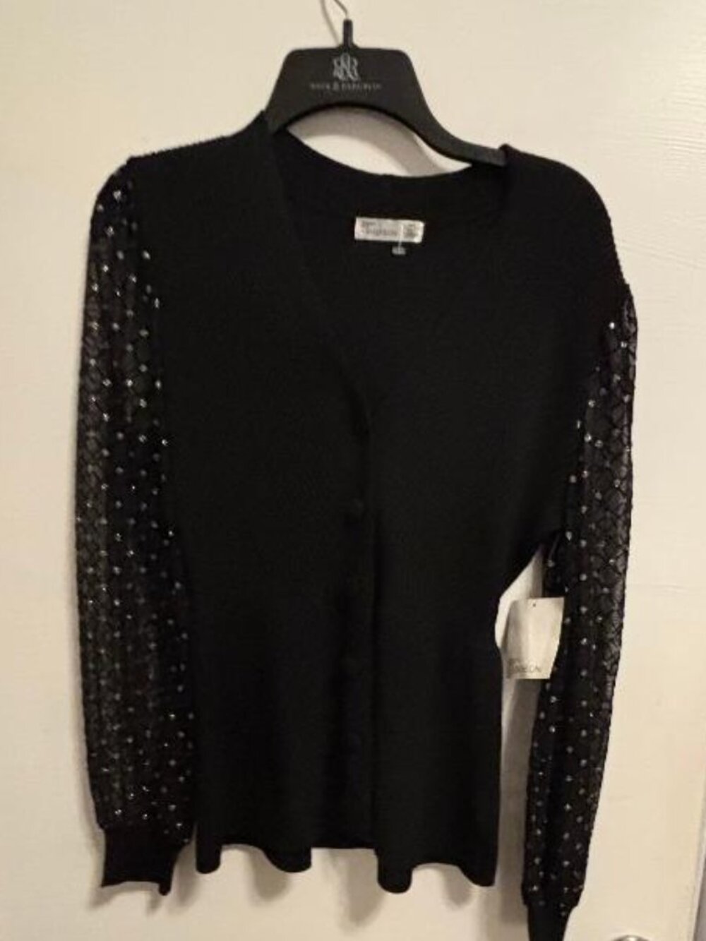 89th & Madison Black Cardigan Sweater Button Up Ribbed Sheer Sleeves M NWT